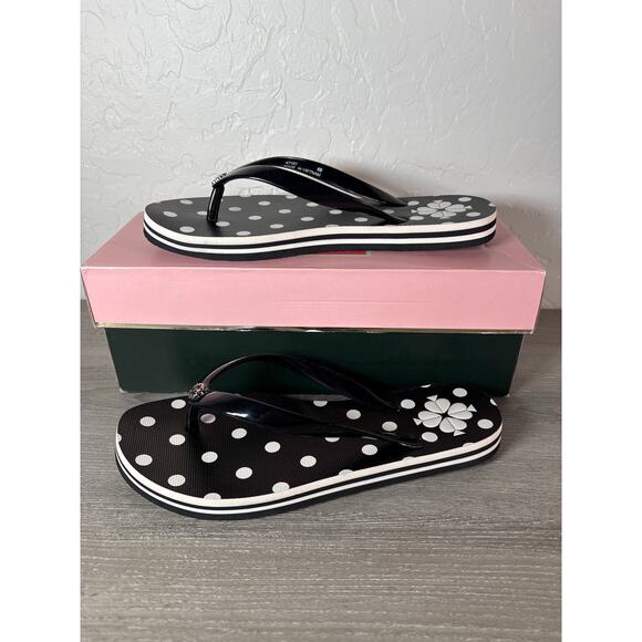 KATE SPADE NEW YORK Flyaway Polka Dot Flip Flops SANDAL Size 6 Black Cream NEW - Picture 1 of 7